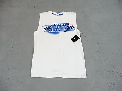 Nike Swim Shirt Mens Medium White Sleeveless Spell Out Muscle Tank Beach Cotton • $7.95