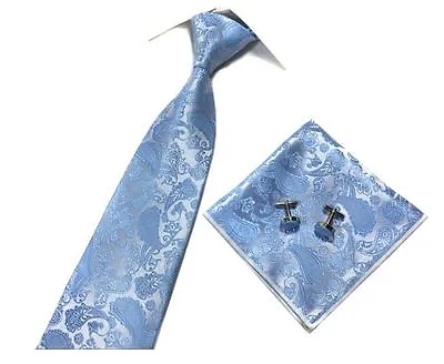 Mens Paisley Jacquard Silky Tie + Cufflinks + Handkerchief  Wedding 3 Pcs Set • £7.99