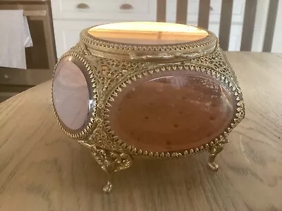 Vintage Jewelry Casket Amber Beveled Glass Gilt Ormolu Case Trinket Box SEE PICS • $150