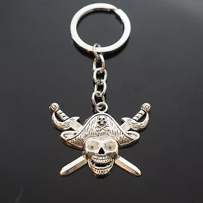 $5.88 • Buy Pirates Skull Jolly Roger Cross Swords Cross Bone Pirate Hat Metal Keychain Gift
