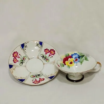 Tea Cup And Saucer Pansies Flowers Leaves UCAGCO China Made In Japan Unmatched • $16.33