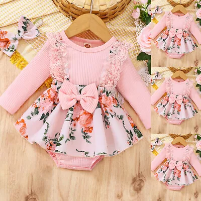 £3.09 • Buy Newborn Baby Girls Floral Long Sleeve Romper Dress Headband Outfit Party Clothes