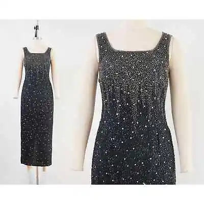 Vintage Black Beaded Maxi Dress Silk Sleeveless Long Formal Evening Gown XS S • $88