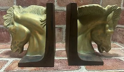 Vintage Hand Painted Ceramic Art Horse Head Bookends Sculptures Gold-ish Green • $24.99
