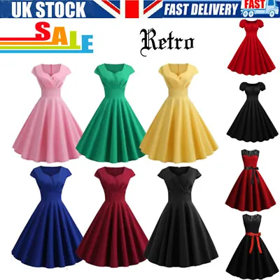 Women Vintage Retro 50s Rockabilly Dress Evening Party Pinup Swing MidiSundress • £16.05