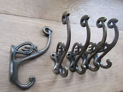 PACK OF 5 ANTIQUE BRASS Cast Iron Coat Hook Victorian Antique Vintage Rustic Peg • £14.99