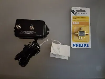 Signal Booster Coxial  Drop Amp Amplifier (Unbranded   Used ) & 2 Way Splitter • $12