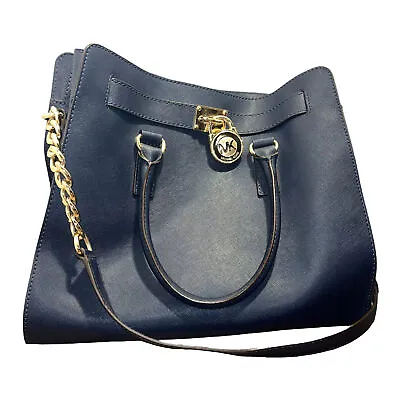 Michael Kors Hamilton Satchel Bag Large Navy Gold Accents Tote Shoulder Purse • $45