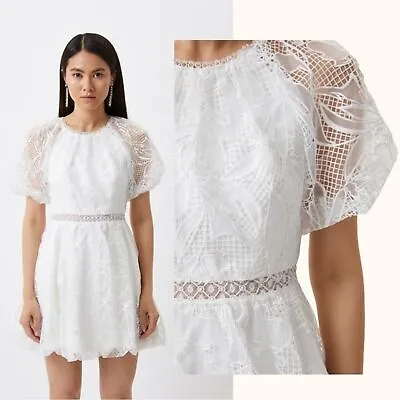 ML Monique Lhuillier | White Lace Floral Jacquard Puff Sleeve Bubble Hem Dress • $199