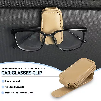 Sunglasses Holder Beige For Cars Sun Visor Magnetic Leather Eyeglass Hanger Clip • £5.99