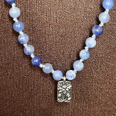 Blue Iolite Gemstone Beaded Necklace Knotted Spacers Silver Tone Pendant 34” • £26