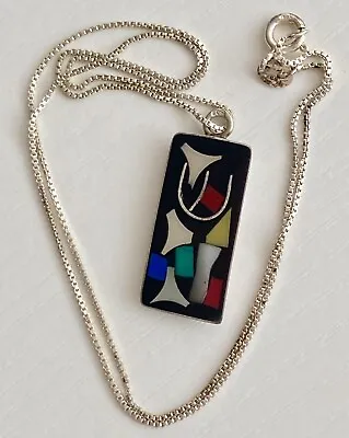 Vintage Sterling Silver Art Mother Of Pearl Inlay Pendant Chain 18” Necklace 925 • $48