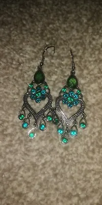 £12 • Buy Hand Made Teal Green And Silver Drop Dangle Statement Earrings Costume Jewellery
