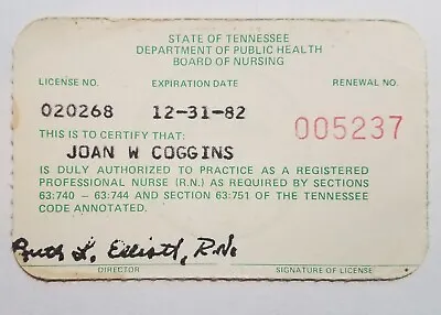 Vintage 1980's State Of Tennessee Board Of Nursing Card TN Dept Of Public Health • $4.99