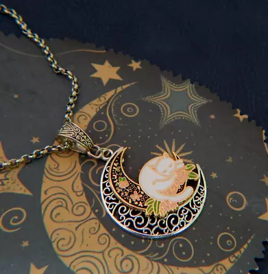 Cat Moon Necklace Pendant Silver Chain Unisex Fashion New Enamel Jewelry • $18.99