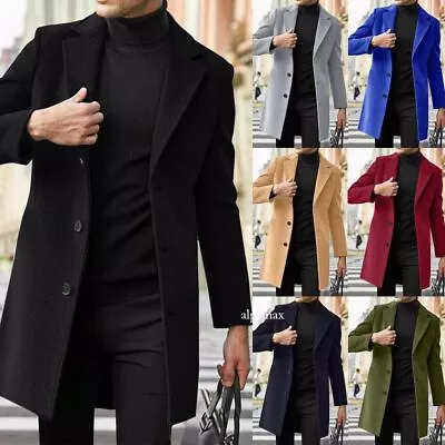 Men Single Breasted Trench Coat Winter Pea Coat Notch Lapel Long Casual Overcoat • $31.66