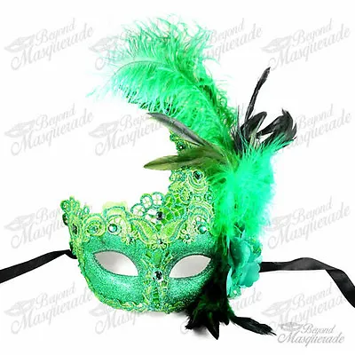 Womens Brocade Lace Ostrich Feather Mardi Gras Venetian Masquerade Mask [Green] • $13.95