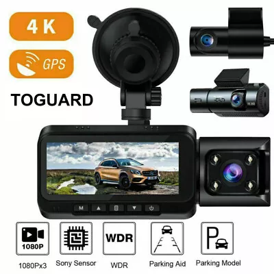 TOGUARD 3 CH Dual Car Dash Cam 4K GPS Front+1080P Dash Camera Night Vision • $158.99