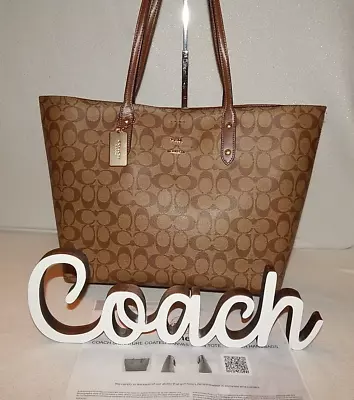 Coach Handbag Purse Bag Town Tote F76636 Large Signature Khaki Brown Leather COA • $47