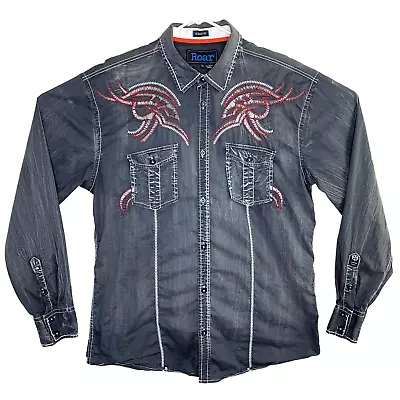 Roar Mens Signature Embroidered Western Distressed Long Sleeve Shirt Gray XL • $28.77