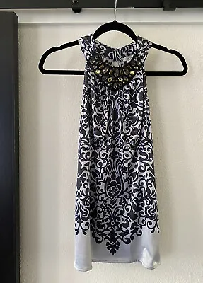 $18 • Buy CACHE Women Silk Beaded Embellished Blue Gray Swirl Print Sleeveless Top Size XS