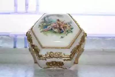 Vintage Porcelain And Metal Jewelry Box With Lovers In A Meadow  • $34.02