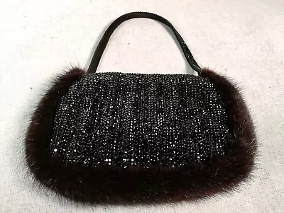 Vintage Daniel Swarovski Crystal Glass Black Evening Bag Clutch Purse Mink Trim • $325