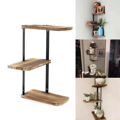 Rustic Wood Corner Shelf Home Display Storage Rack Wall Floating Shelf 3 Tier • £11.99