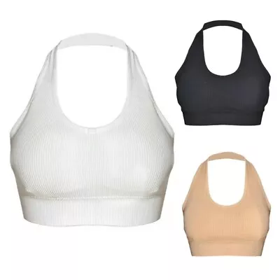 Women Summer Halter Neck Ribbed Knit Crop  Top Solid Color Padded Sport Bras • £4.87