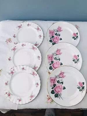 Pretty Set Of 6 Mismatched Pink Roses Vintage Bone China Cake /Side Plates 🌸 • £9.85