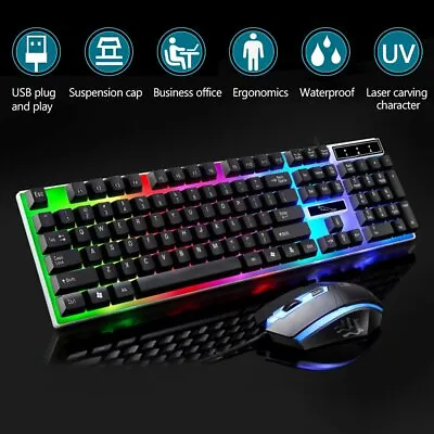 Gaming Keyboard Mouse Set Rainbow LED Wired USB For PC Laptop PS4 Xbox One 360UK • £9.99