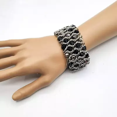 Signed Cookie Lee Cuff Bracelet Silver Tone Black Gray Faceted Bead Stretch 1.5  • $49.97