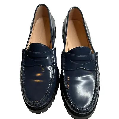 J.Crew $228 Winona Lug-sole Penny Loafers Spazzolato Leather Navy Size 9 BT893 • $120