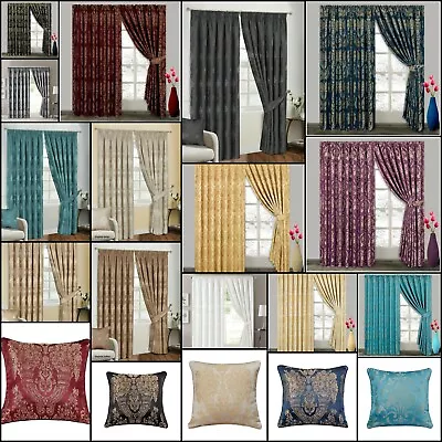 Pair Of Jacquard Pencil Pleat Curtains Tape Top Fully  Lined OR Cushion Covers • £30.99