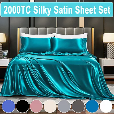 4 PCS 2000TC Satin Bed Sheet Set Satin Flat Sheets Fitted Sheet Wrinkle-Free • $30.77