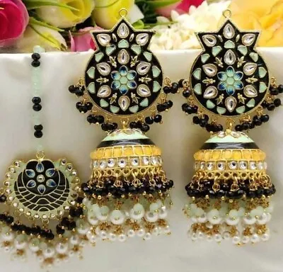 Indian Bollywood Style Gold Plated Kundan Jhumka Enameled Black Jewelry Set • $69.99