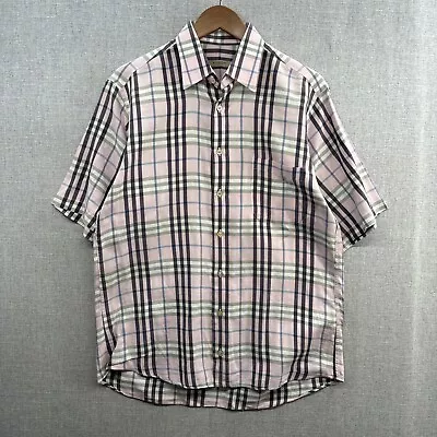 VINTAGE Burberry London Novacheck Shirt Medium Pink Short Sleeve Button Up Adult • $59.95