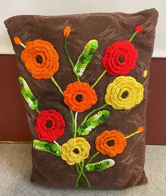 Vintage Mid-Century Hand Made? Flowers Crochet Throw Pillow 22  X 16  Decor • $69.90