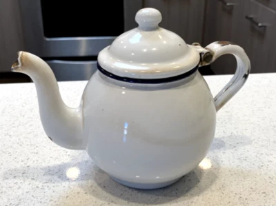$14.99 • Buy Vintage Small White Enamel Granite Tea Pot Metal Hinged Chippy 5  Tall 16 Oz.