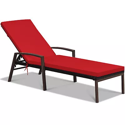 Adjustable Rattan Chaise Recliner Lounge Chair Patio Outdoor W/ Red Cushion • $118.99