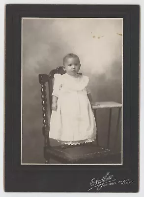 Antique C1900s Cabinet Card Adorable Child In White Dress On Chair Peoria IL • $9.99