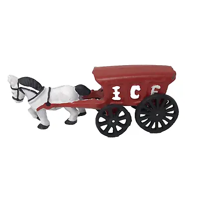 Vintage Cast Iron White Horse & Red Ice Wagon Cart Working Wheels Toy Antique • $4.66