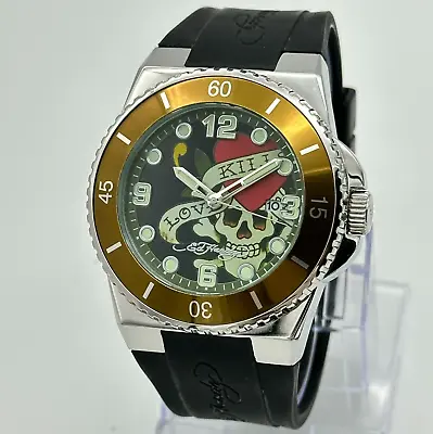 Men's ED HARDY All Stainless Steel Watch  Love Kills  Skull Dial Date 46mm • $59.99