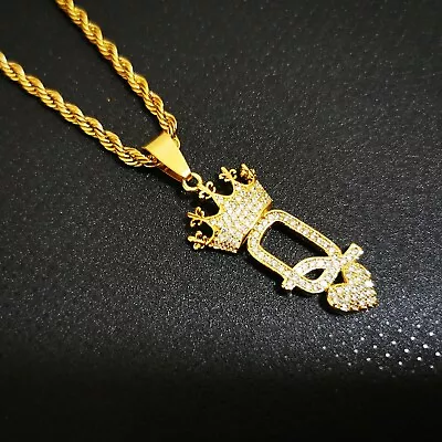 Ladies 24K Gold Layered Crown Queen Of Hearts Cz 24  Rope Chain Pendant 24ct • £39.99
