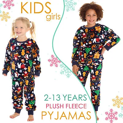 Kids Girls Christmas Cosy Pyjama Set Long Sleeve Warm Plush Fleece Pyjamas 2-13Y • £13.99