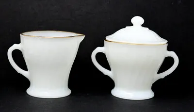 Vintage Fire King Oven Ware Milk Glass Swirl Cream And Sugar Set With Gold Trim  • $17.05