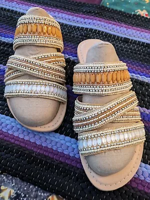 Vintage Maurices Beaded Strappy Sandals-New/never Worn-Beige Flats-Summer/BOHO • $14.99