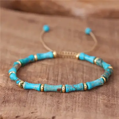Blue Turquoise Tube Beads Gemstone Healing Inner Peace Reiki Women Men Bracelet • $12.89