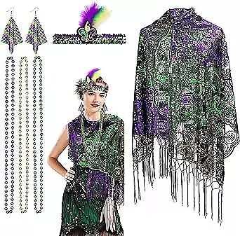 Mardi Gras Costume For Women 6 Pack Mardi Gras Sequin Shawl Scarf With Mardi  • $24.44