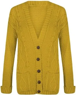 Women Ladies Cable Chunky Knit Cardigan Button Long Sleeves Grandad Cardigan • £13.99